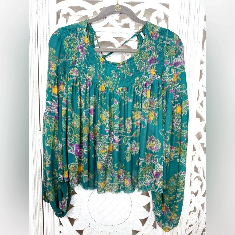 Free People Up For Anything Green Floral Blouse
